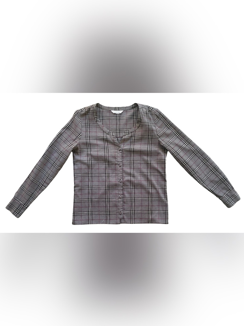 Landa Button-Front Hemmed Professional Top | Charcoal Plaid